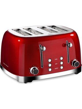 4 Slice Red Retro Stainless Steel with Bagel Defrost Cancel Function Toaster